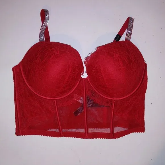 Victoria Secret Bra Push Up Red Silver Shine Strap Logo Lace Long Line Very Sexy Bras